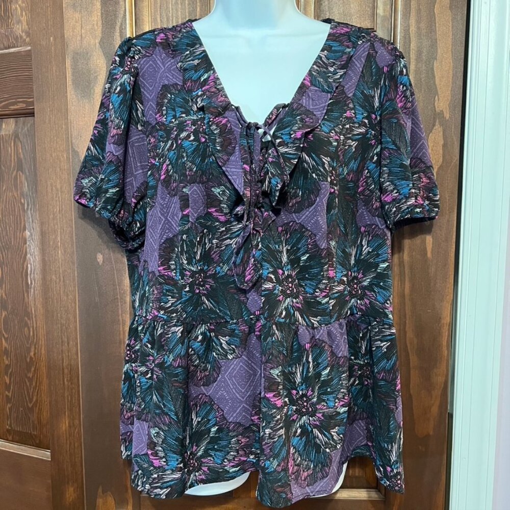 Lane Bryant Purple Abstract Floral Peplum Top